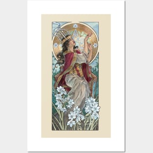 Lady of December with White Narcissus and Saint Lucy Candle Crown Goddess Mucha Inspired Birthstone Series Posters and Art